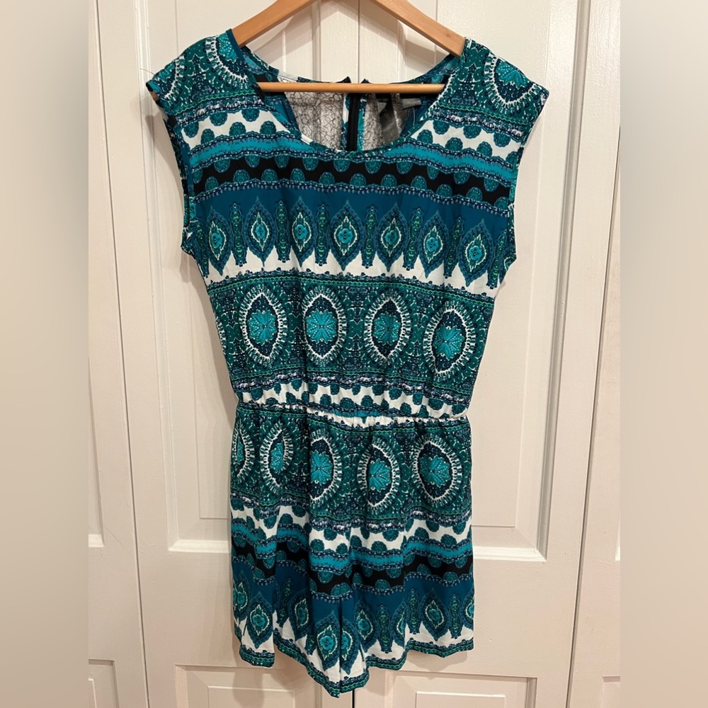 Chiffon romper with green& blue design and black lace back detail